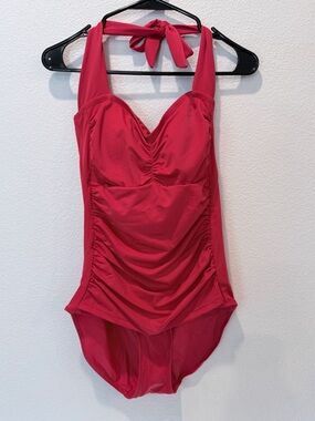 Ruby Ribbon Ruched Halter One Piece Swimsuit Pin Up Retro Bombshell Shaping 10